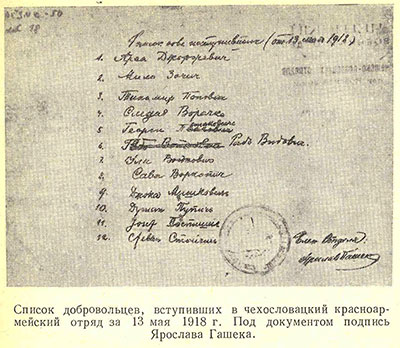 Список добровольцев, вступивших в чехословацкий красноармейский отряд за 13 мая 1918 г. Под документом подпись Ярослава Гашека.